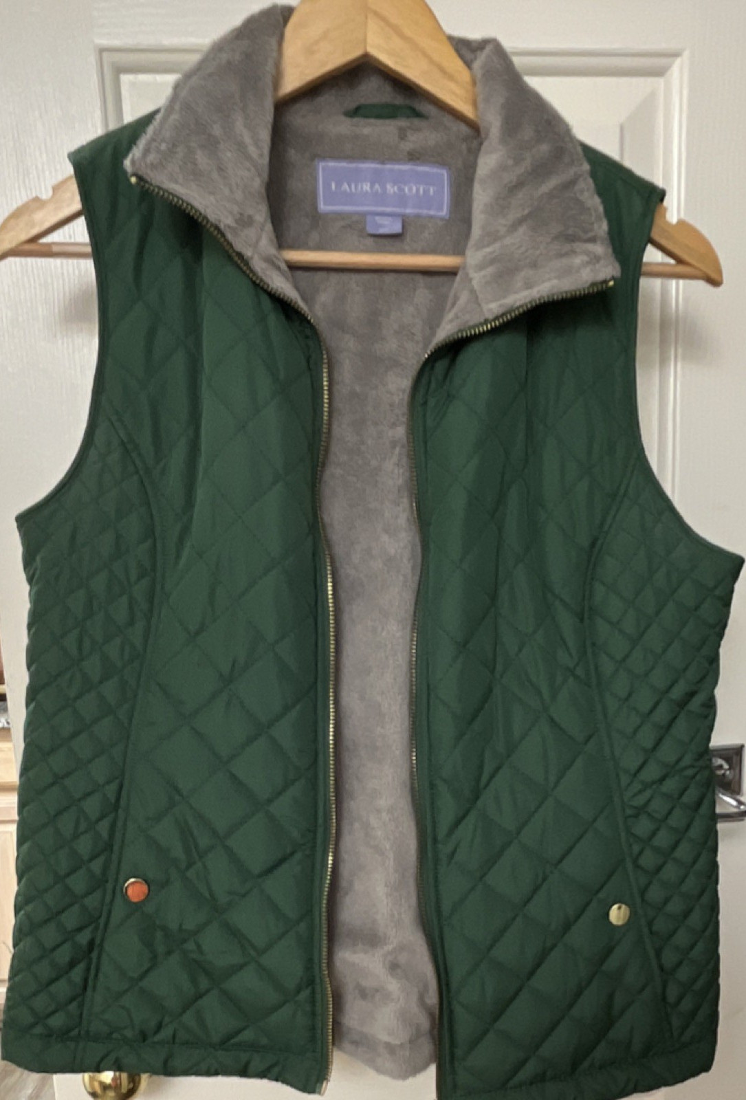 Laura Scott Green Quilted Vest Women's S Mid-Length Full Zip Diamond Pattern