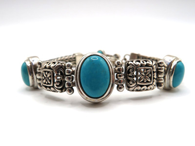 VINTAGE 925 STERLING SILVER TURQUOISE LINK BRACELET BALI STYLE TOGGLE CLASP 7 