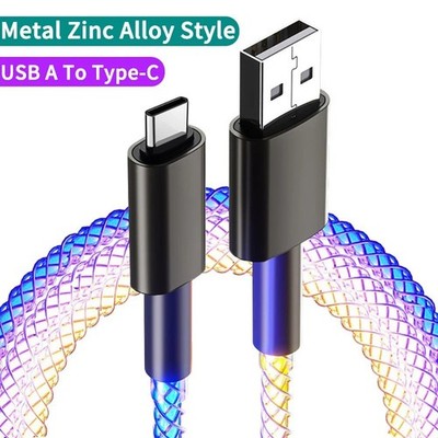 Fast USB C Cable Zinc Alloy LED Light Up Type C Fast Charging Cord Braided Wire
