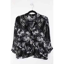 Citron Printed Silk Top Sz LP 3/4 Sleeve Gauzy Button Down Floral Print Black