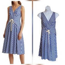 Lauren Ralph Lauren Nautical Dress Blue Striped A-Line Sleeveless Midi Size 12