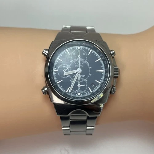 Vintage Seiko Chronograph 7T32 Qz SS Black Dial Date Alarm Mens Watch Japan#036B