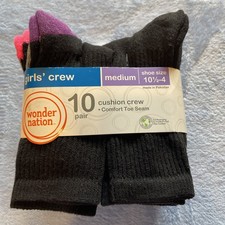 Wonder Nation Girls' Crew Socks 10-Pair Size Medium 10 1/2-4 Black Colored Heel