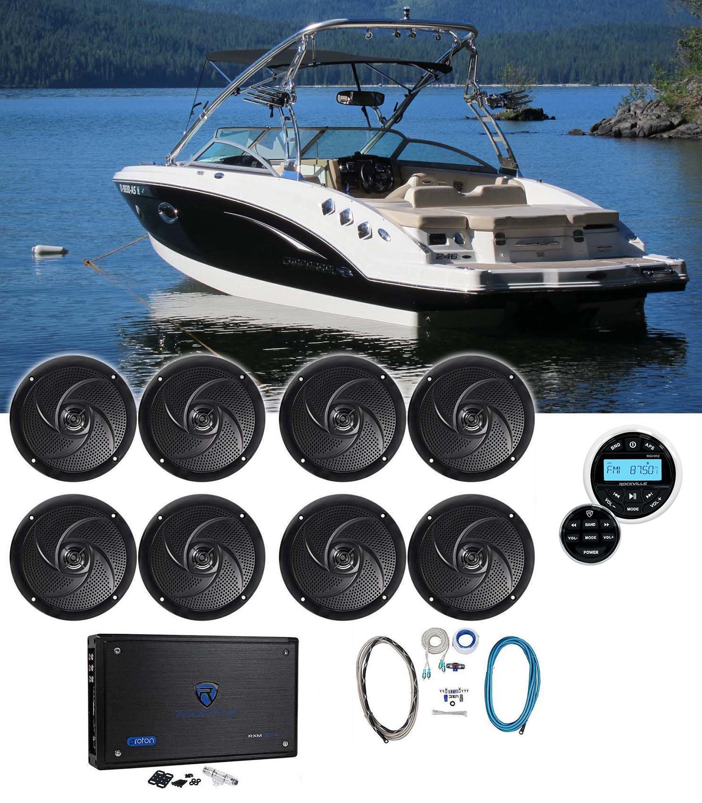 8 Акустические системы Rockville RSM65B 65 Slim для морских лодок 6-канальный усилитель Bluetooth-приемник