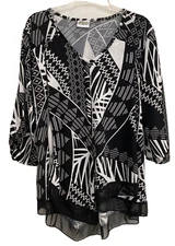 Collections Etc Pullover Blouse Size M Black White Geometric Sheer Trim 193