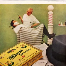 Whitman's Chocolates 1955 hombre en silla de peluquero maquinilla de afeitar recta anuncio impreso vintage