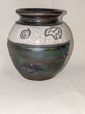 BEN DILLER Raku Art Pottery Petroglyph Bear Spiral Pot Vessel Planter Signed