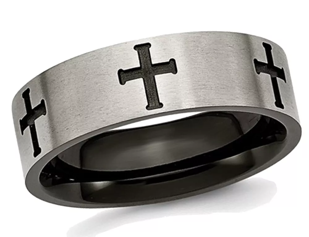 Mens Titanium Cross 7mm Brushed Wedding Band Ring