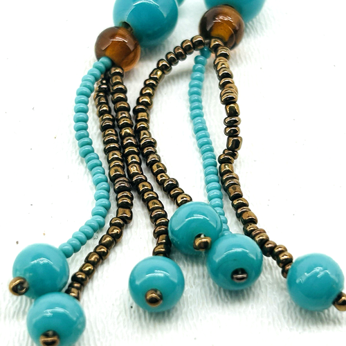 Vintage Tribal Turquoise & Brown Round Glass? Beaded Necklace Scarf Shape 18" - Picture 6 of 10