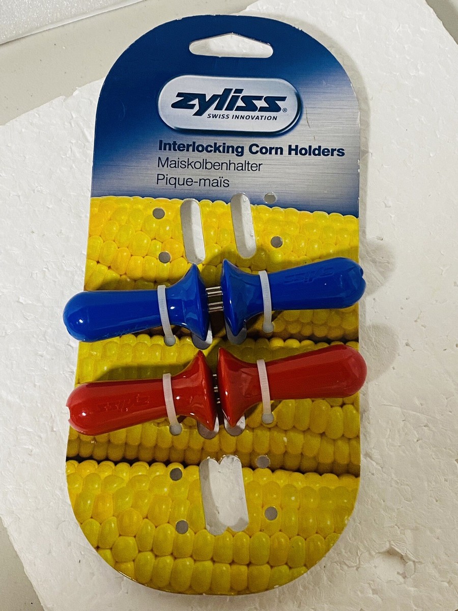 Corn Holders Skewers Blue And Red Plastic Stainless Set of 2 NEW