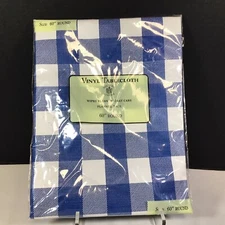 Sultan’s Linens Vinyl Table Cloth Flannel Back 60” Round Blue White Checked NEW