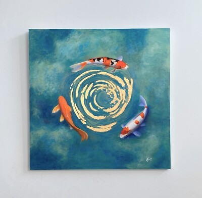 Original Öl & Blattgold Koi Karpfen Fisch Holzpaneel Wohnkultur Wandkunst, 50x50cm.