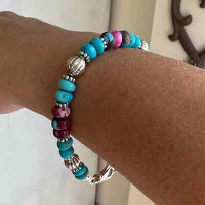 Blue & Pink Dahlia Kingman Arizona Turquoise & Sterling Silver Beaded Bracelet