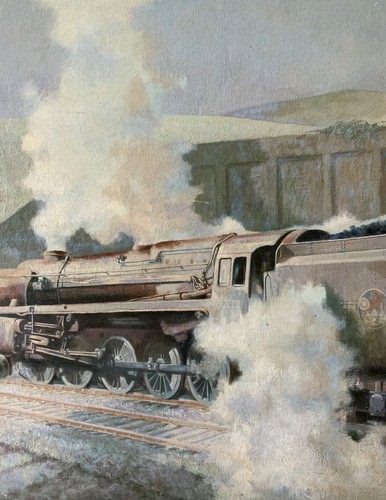 OUTSTANDING ORIGINAL VINTAGE LOCOMOTIVE STEAM TRAIN STUDY OIL ON BOARD PAINTING - Picture 6 of 11