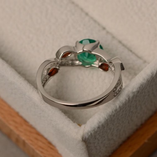 Dainty Emerald Ring 925 Sterling Silver Lab Created Round Gemstone Women Ring - Picture 4 of 5