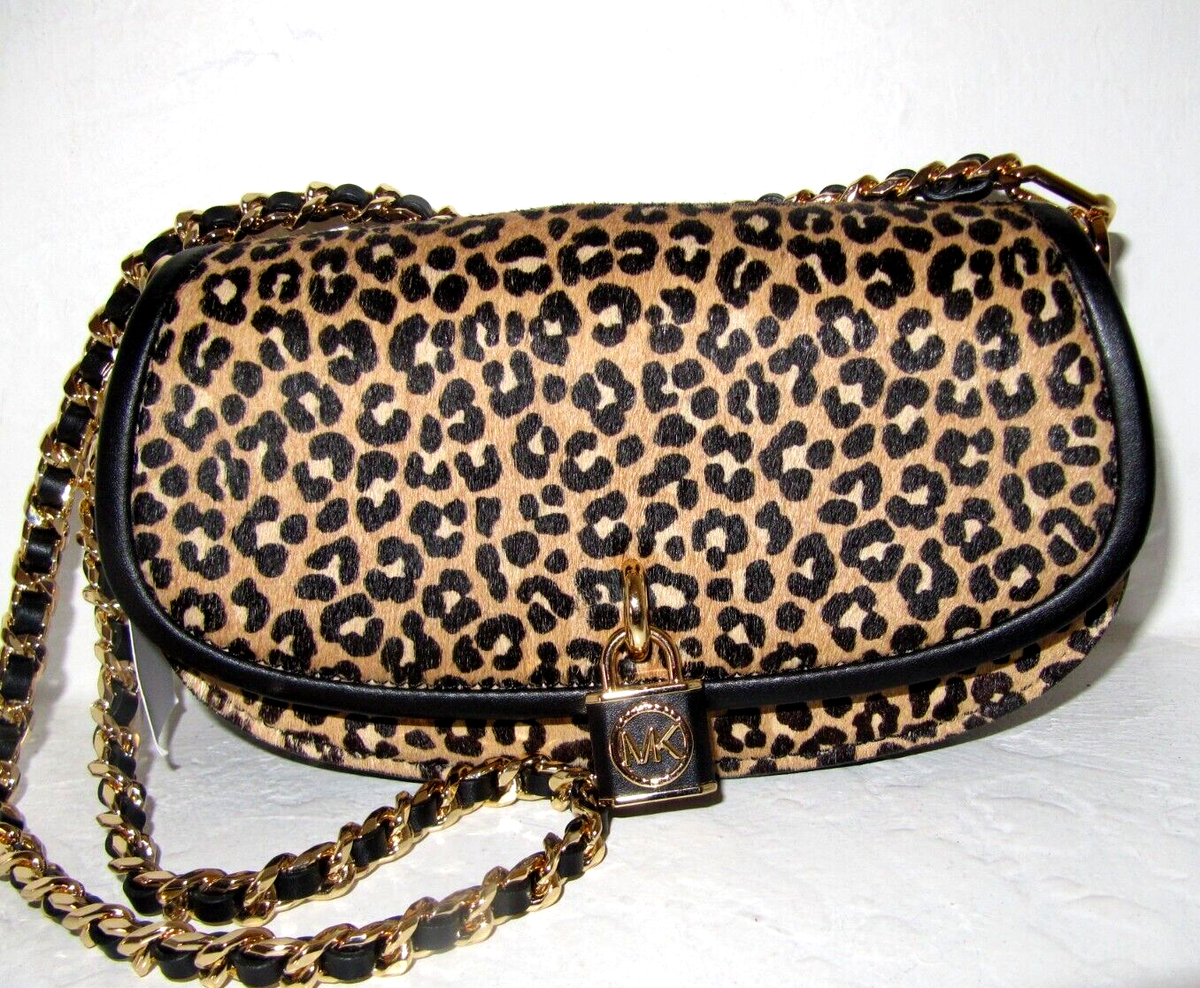 Michael Kors Mila Leopard Haircalf Small E W Chain Sling Messenger Bag NWT  $328