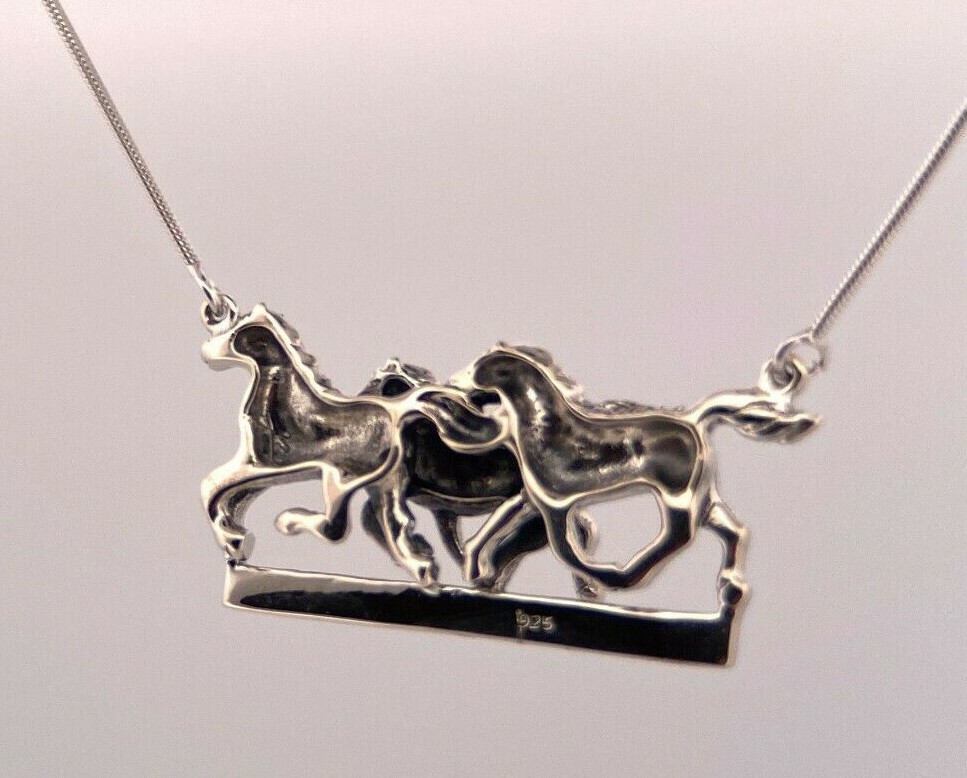 Solid Sterling Silver 925 Three Horses Necklace w… - image 6