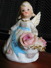 Vintage Lefton June Birthday Angel Figurine Flower-Halo- Porcelain 4" Japan 3332