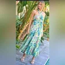 DAVI & DANI Printed Smocked Ruffle Maxi Dress