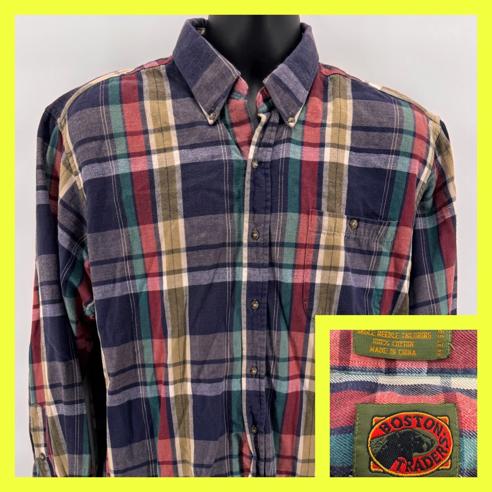 Boston Traders Plaid Flannel Button Up Shirt Men L Long Sleeve Cotton Casual