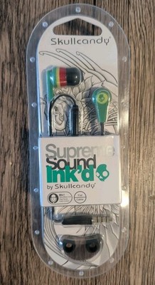 New Sealed Skullcandy Ink'd Supreme Sound Rasta Wired Earbuds w/ Mic Flat Cable