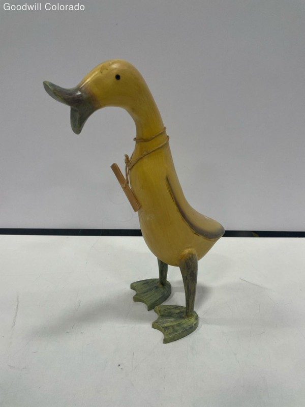 Floral Yellow Duck Wood Crackle Finish Decor Figurine 9 Inch Animal Statue