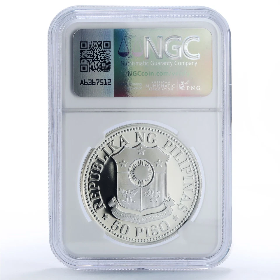 Filipinas 50 piso Nueva Sociedad Ferdinand E. Marcos PF70 NGC moneda de plata 1975 Foto 4 de 4