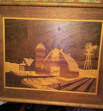 large antique inlaid marquetry figural scene farm wood wall art 21" X 17 1/2"