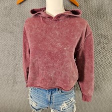 Art Class Girls Large 10/12 Acid Wash Cropped Hoodie Burgundy Raw Hem Sweatshirt