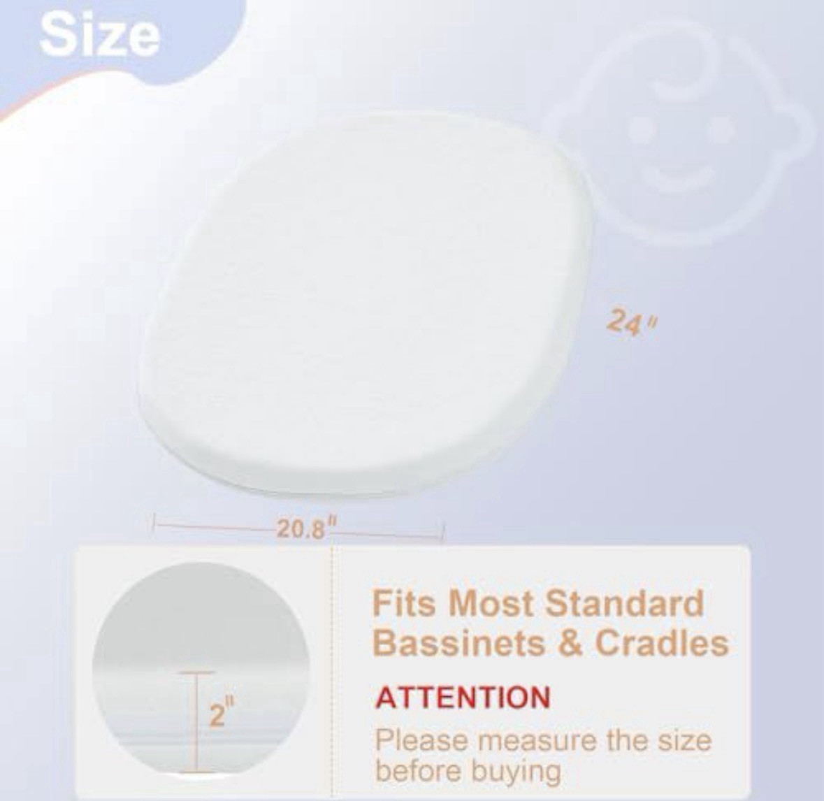 Baby Bassinet Gel Memory Foam Mattress Pad/Waterproof Removable Cover 24x20.8”