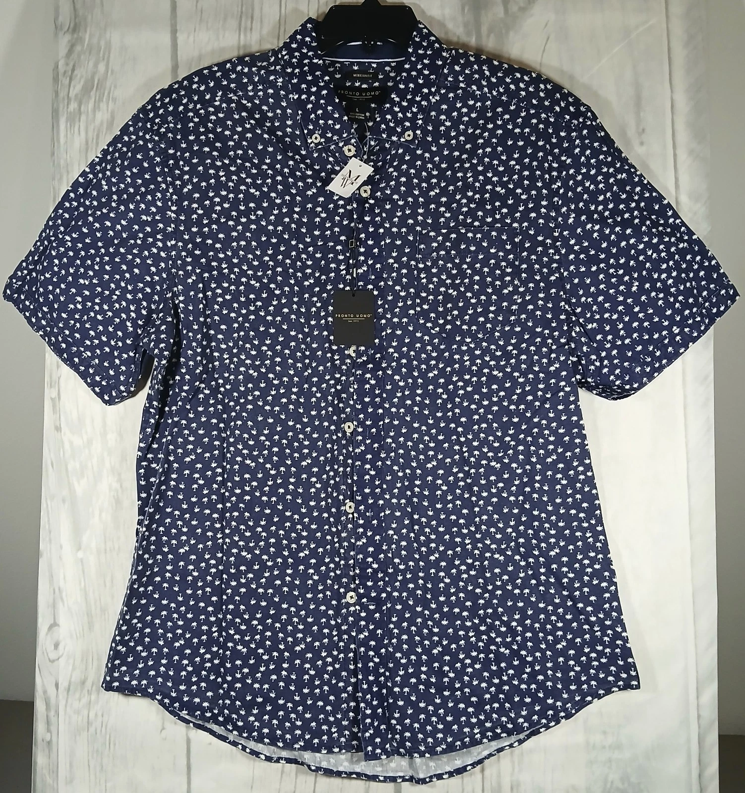 Pronto Uomo Shirt Palm Trees Men's Size Large - Blue Button Down - Short Sleeves
