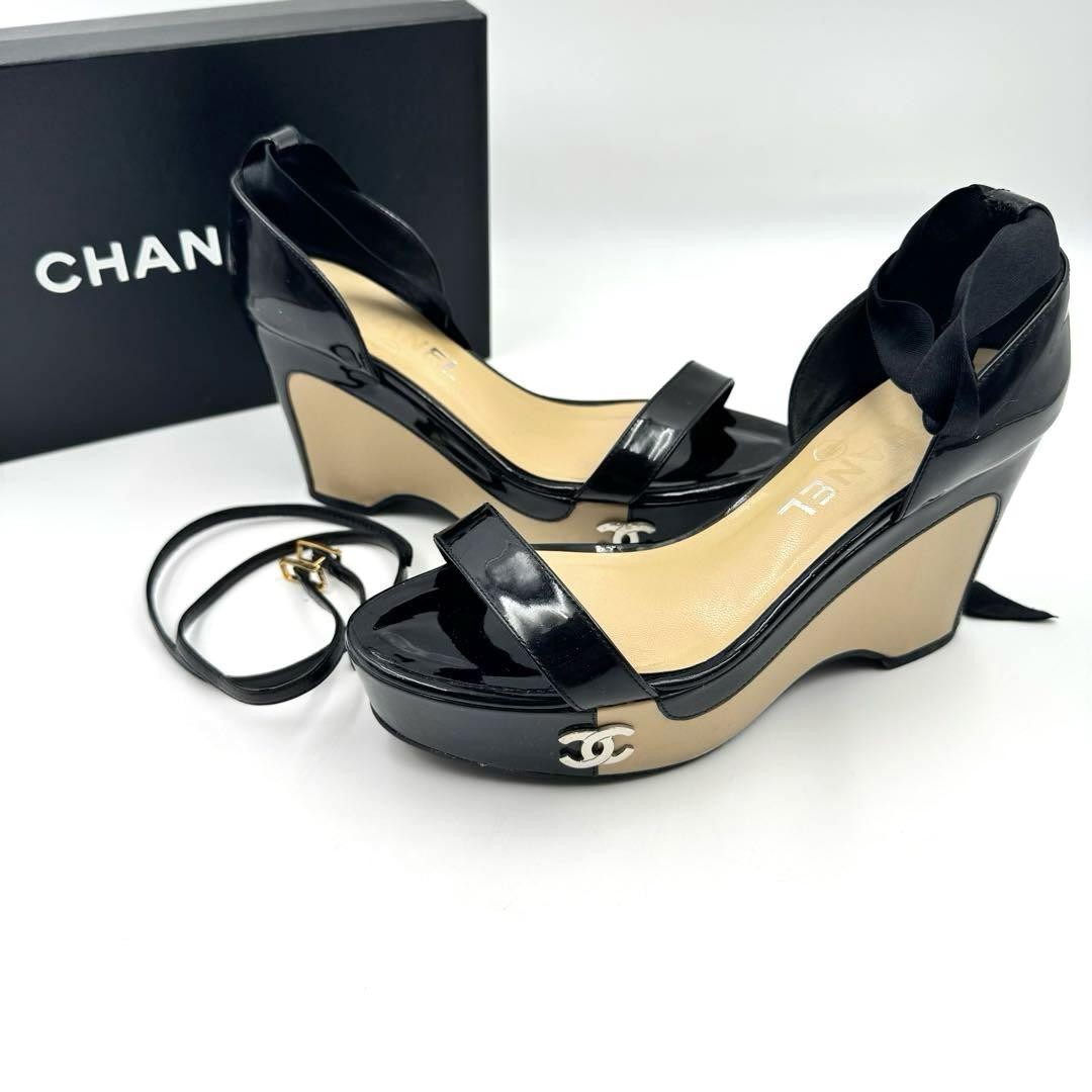 Chanel Men's Black Enamel Sandals 4.5US Thick Sole Strap Coco Mark