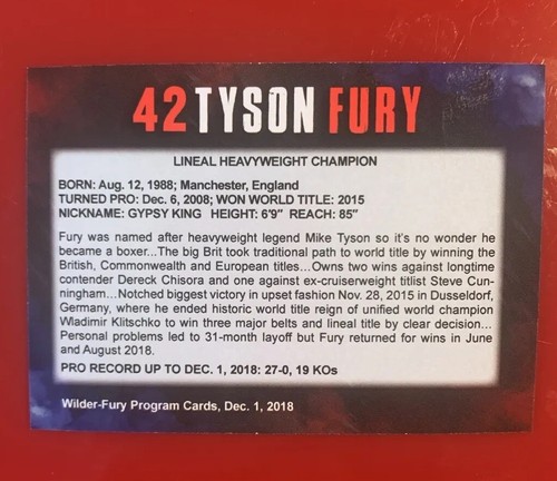 Tyson Fury Card from 2018 Wilder-Fury 1 Fight; Seidman’s Program Boxing Card #57 - Picture 2 of 3