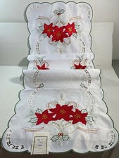 New Christmas embroidered lace table Runner 16"X72" Red Poinsettia Candle Bell