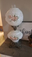 Vintage Gone with the Wind Hurricane Double Globe Pink Roses Lamp Milk Glass!!