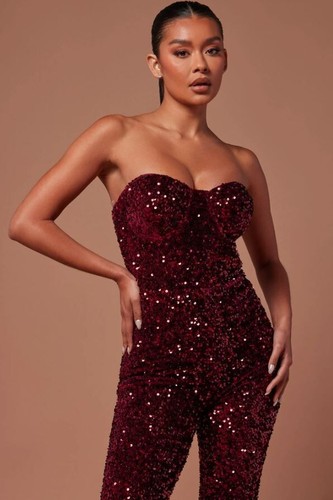 Fashion Nova Isabeli Sequin Jumpsuit Burgundy Red XL Luxe Sexy Bodycon Party - Picture 3 of 10