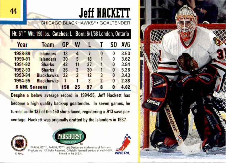 1995-96 Parkhurst International Jeff Hackett #44 - Image 2 of 2