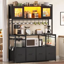 Bakers Rack with LED Light, Kitchen Coffee Bar Cabinet with Glass Door&4 Drawers