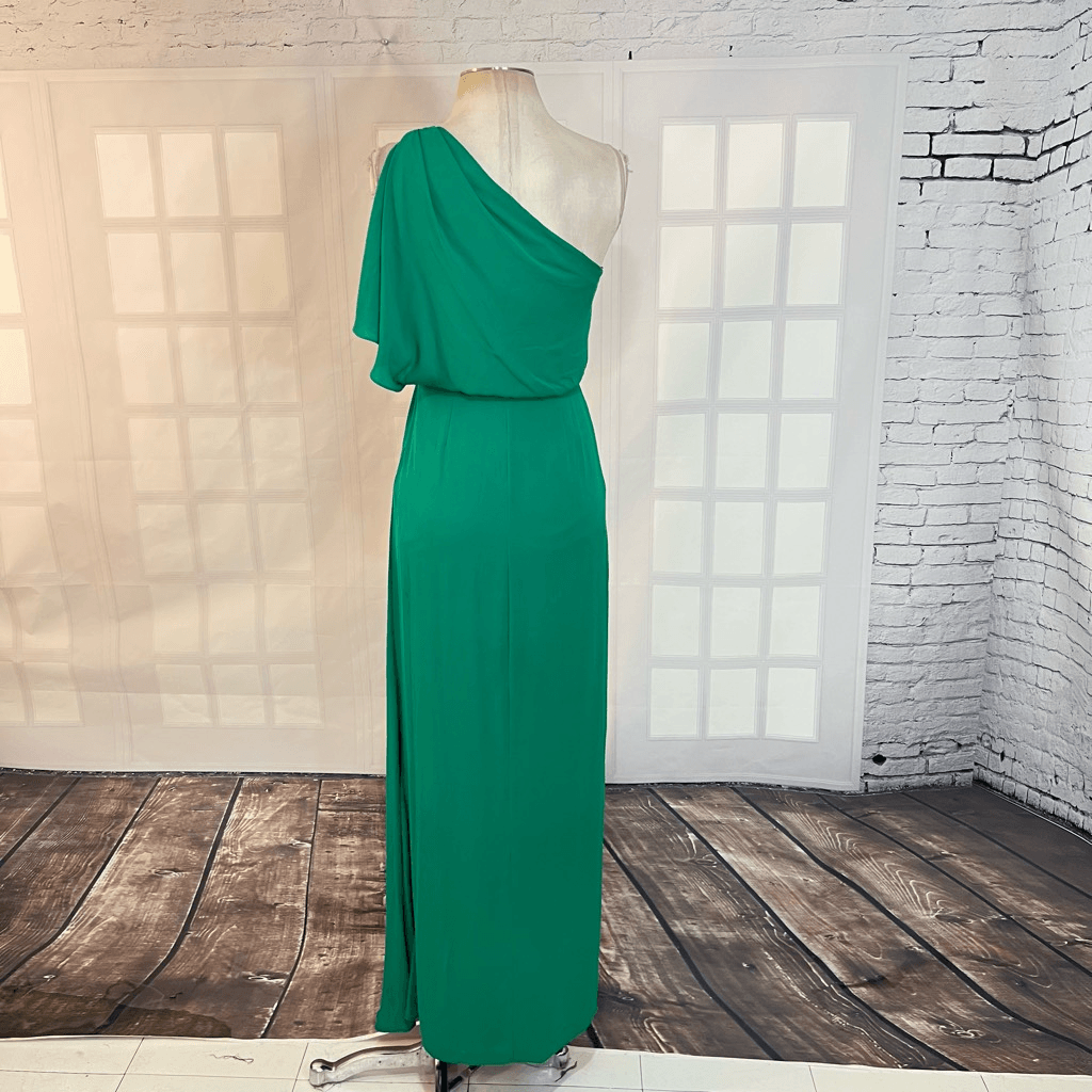 BCBGMaxazria Kendal One Shoulder Ruffle Side Slit Evening Gown Green Size 0  | eBay
