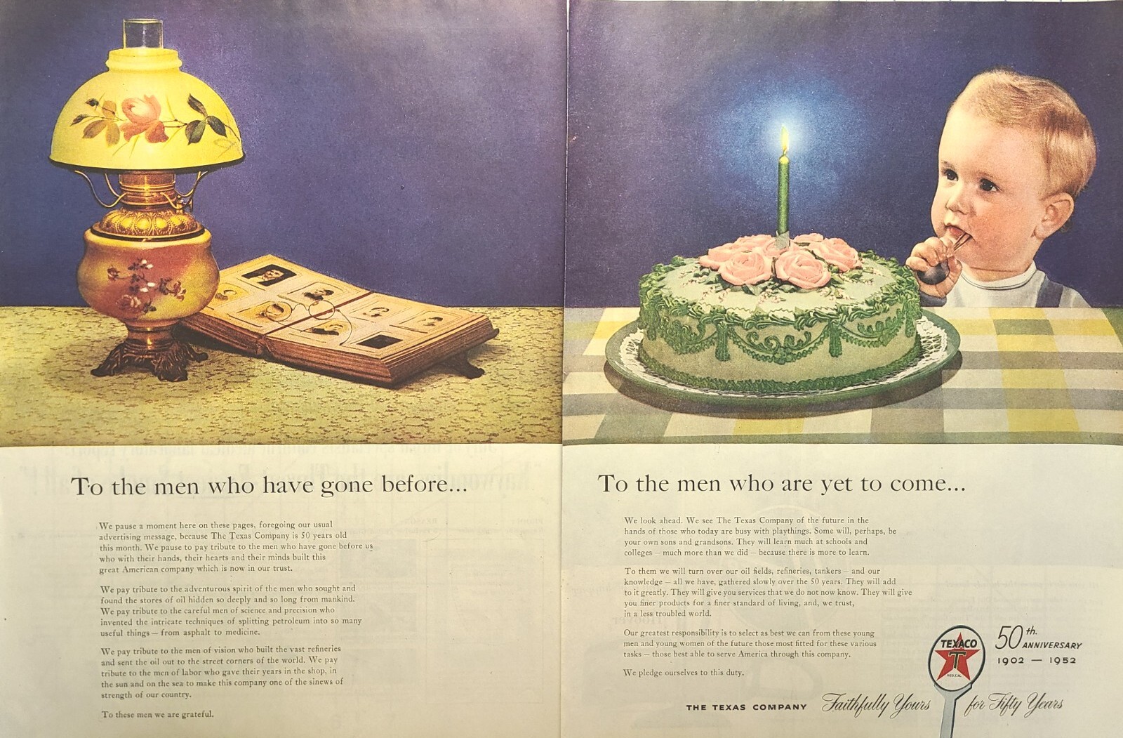 Texaco 50th Anniversary 1902-1952 Vintage Men’s Future Boy Cake Print Ad 1952