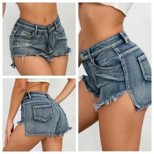 Short Jeans Donna Cut-Off Vita Media Blu Slim Zip Tasche Stretch Mini