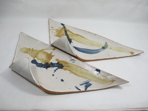 2 Unique Handmade Mid Modern Clay Sushi Plates Wht Glaze Splashed Blue Gold Art - Picture 5 of 12