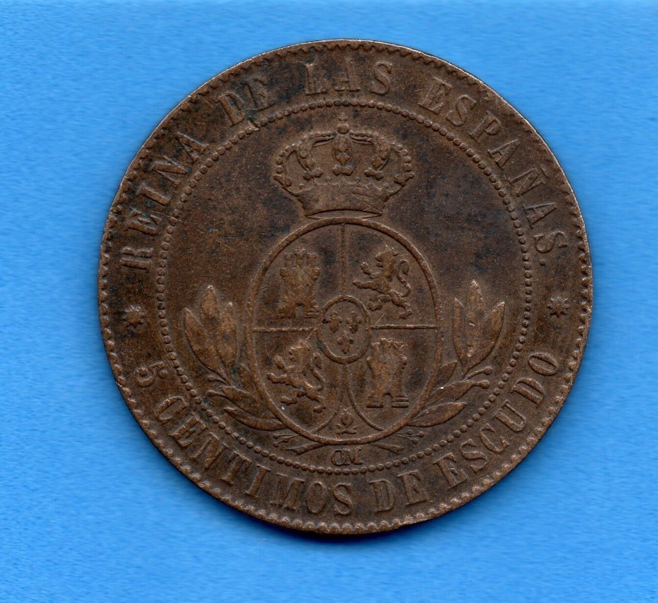 Moneda de 5 céntimos de Escudo Isabel II 1867 MBC ceca Barcelona
