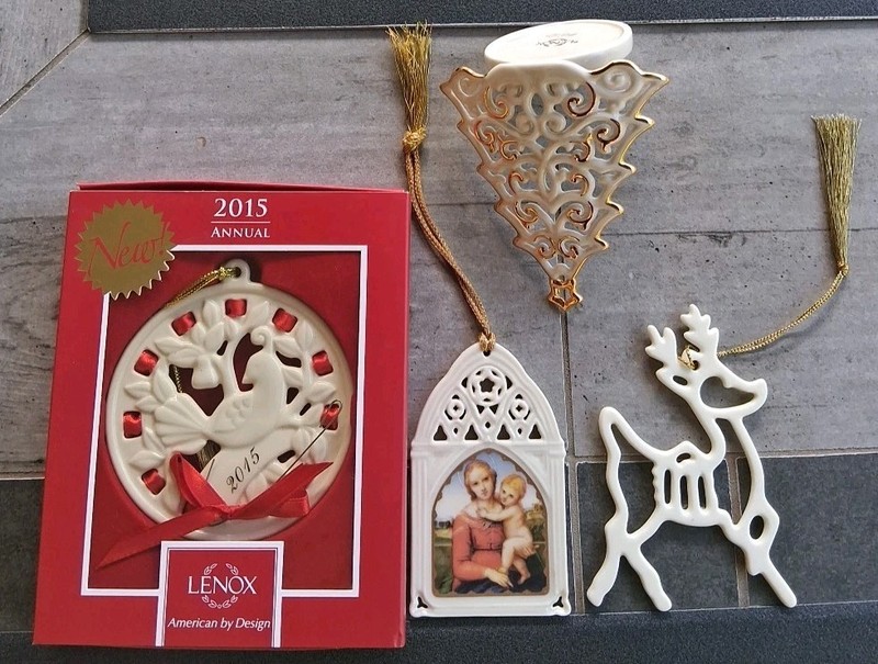3 Lenox  Ornaments ( Madonna, Partridge & Reindeer)& Xmas Tree Votive Holder