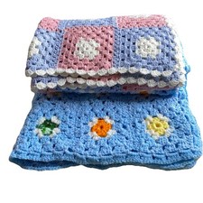 Set of 2 Handmade Crochet Baby Blanket Granny Square Afghan 30" x 44", 28" x 40"