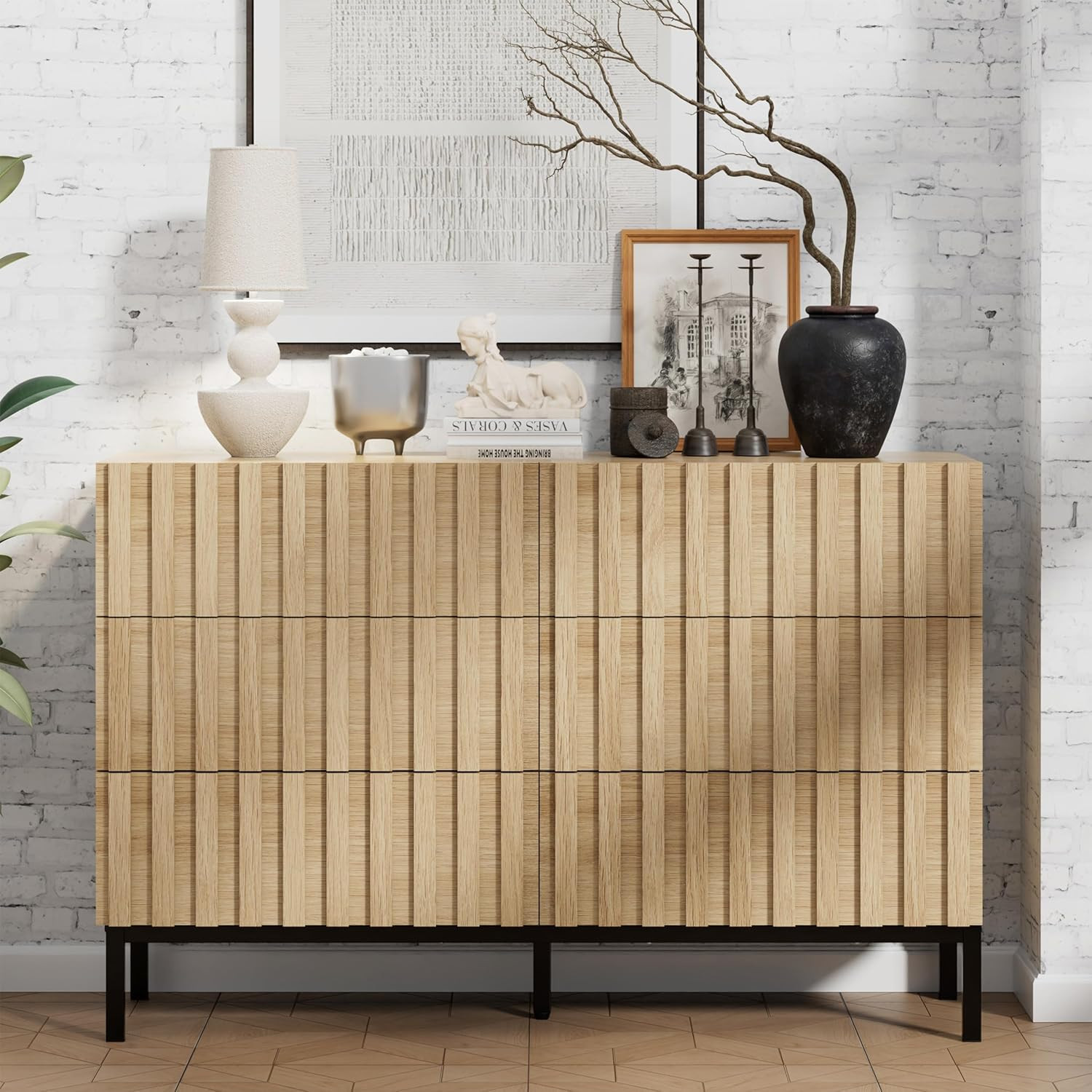 Commode 6 tiroirs 100cm blanche en bois pour grand rangement de chambre