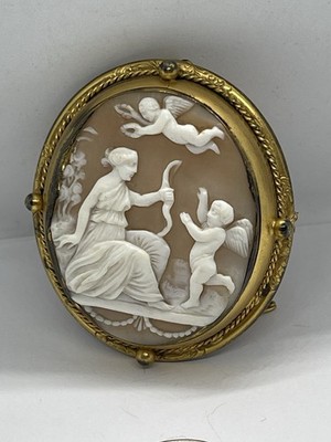 Victorian Carved Shell CAMEO Cupid & Aphrodite Venus LARGE Brooch