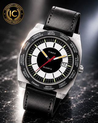 Timex Men's World Reissue Watch Stainless Steel Case Black White Dial Leather