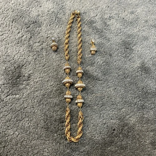 Vintage Miriam Haskell Necklace with Matching Earrings Gold/Rhinestones 15"