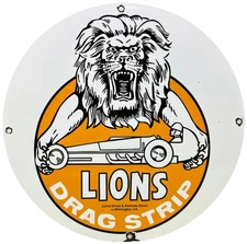 VINTAGE LIONS DRAG STRIP PORCELAIN SIGN TRACK RACE GAS STATION MOTOR OIL PUMP